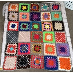 Hand Crochet Granny Square Blanket Afghan Throw Groovy Colorful 33x37